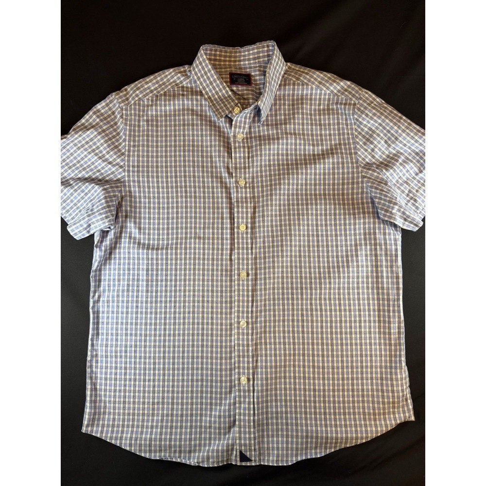 UNTUCKit Blue & White Patterned Men's Short Sleeve Button Up Shirt, Large